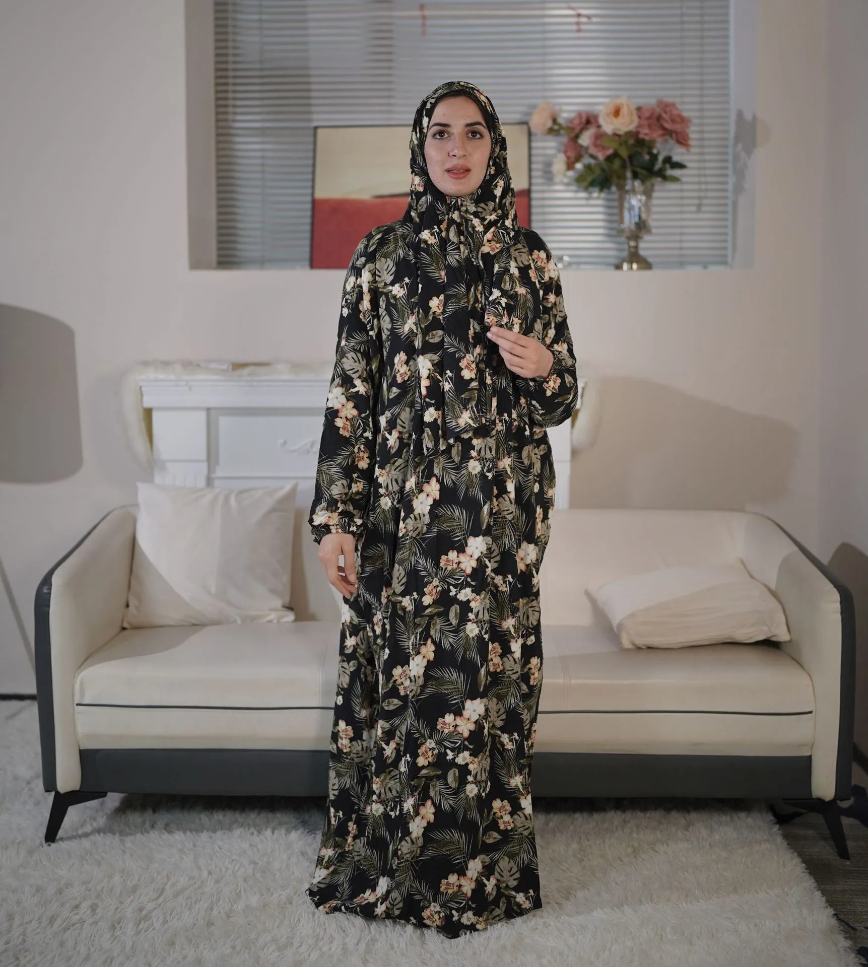 33  Cross-border large size women's printed robe Muslim scarf all-in-one worship clothes abaya  Dresses/gowns  prayer set