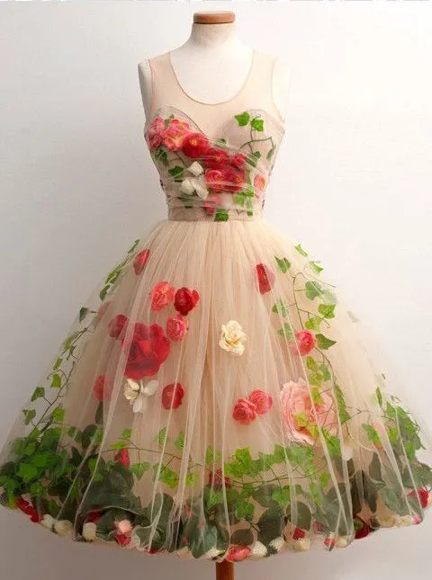 A-Line Scoop Tulle Short Homecoming Dress With 3D Florals OP289