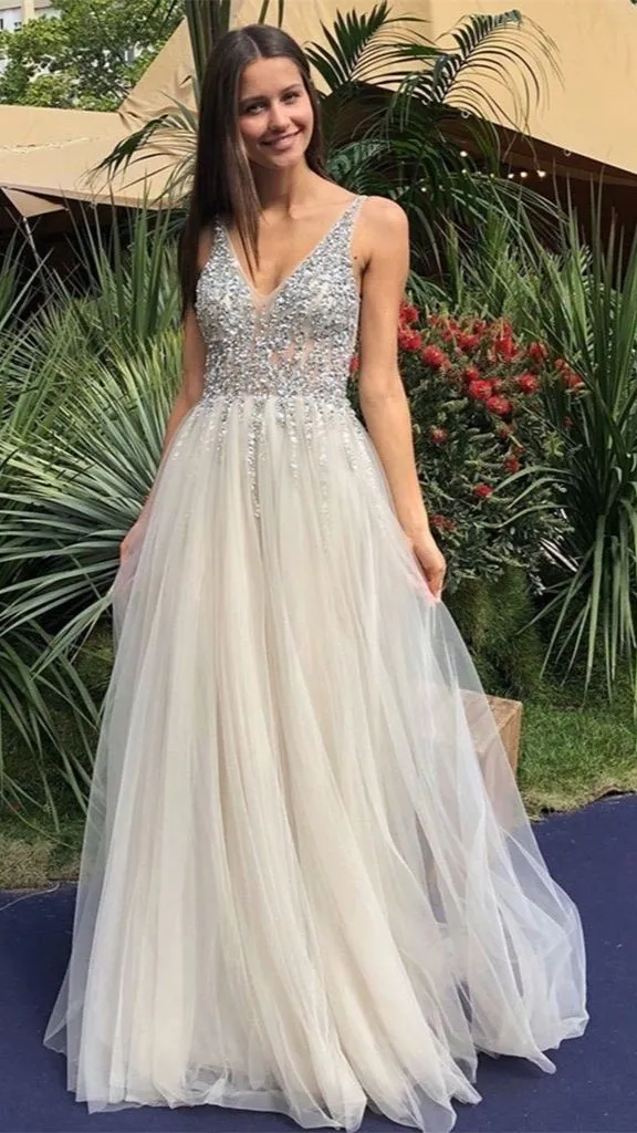 A-Line V Neck Backless Beaded Ivory Prom Dresses Sequins Backless Formal Dresses,DP582