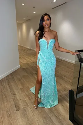 Baby Blue Sequins V Neck Strapless Long Evening Dress with Slit,DP1583