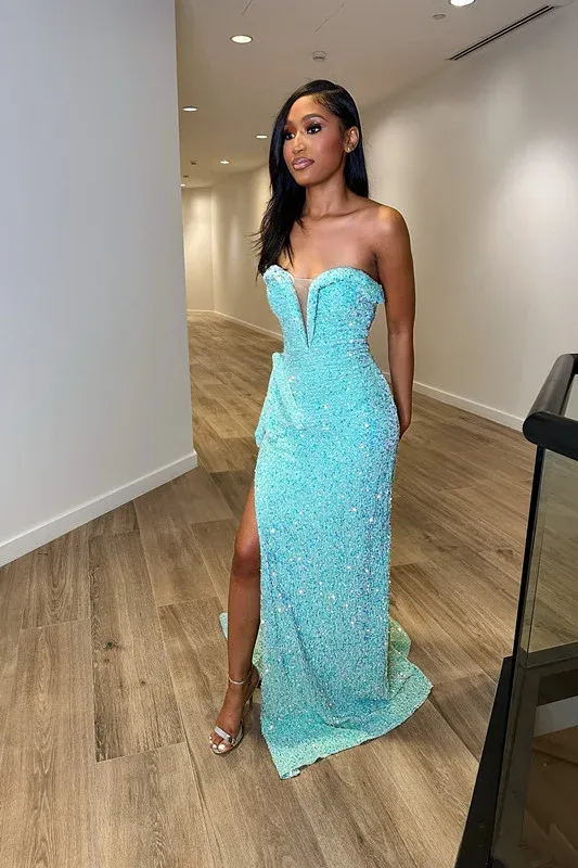 Baby Blue Sequins V Neck Strapless Long Evening Dress with Slit,DP1583