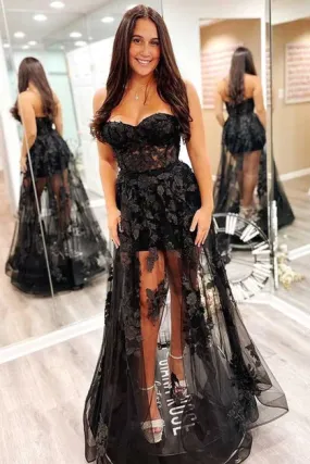 Black A-Line Lace and Tulle Long Prom Dress Homecoming Dress,DP1397