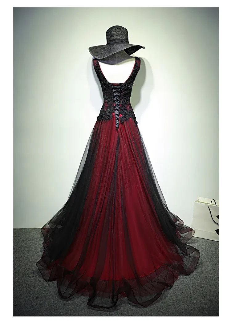 Black And Red V-Nec Tulle Beaded Prom Dress Long Evening Gown, DP2075