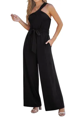 Black Comfy Sleeveless Belted Jumpsuits & Long Rompers for Women