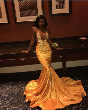 Black Girl Gold Mermaid Long Prom Dresses Formal Evening Party Dress,DP446