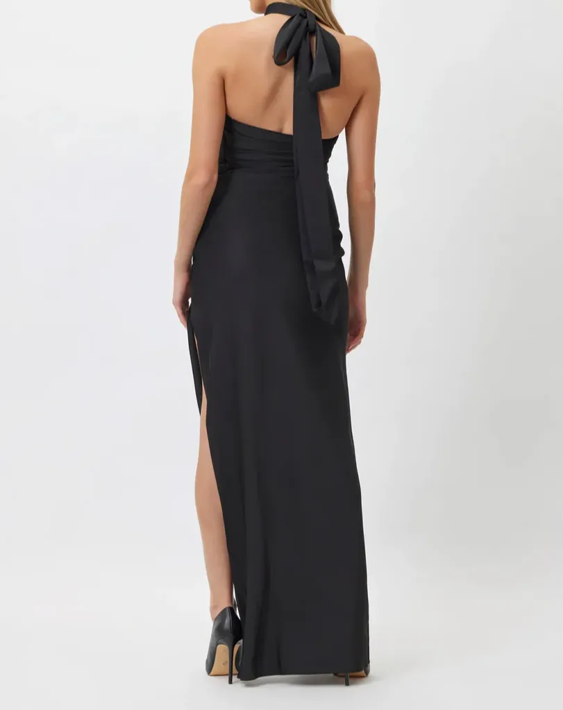 Black Halter Backless Classy Long Party Dress with Slit, DP2267