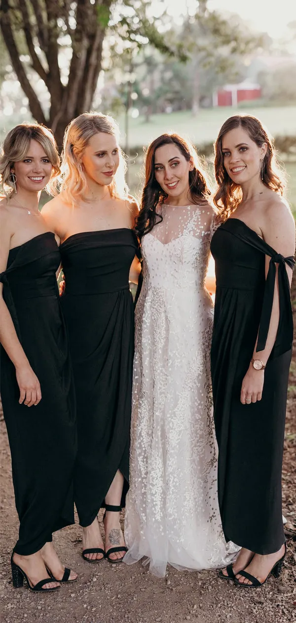 Black Jersey Off Shoulder Sheath Ankle Length Bridesmaid Dresses,DB142