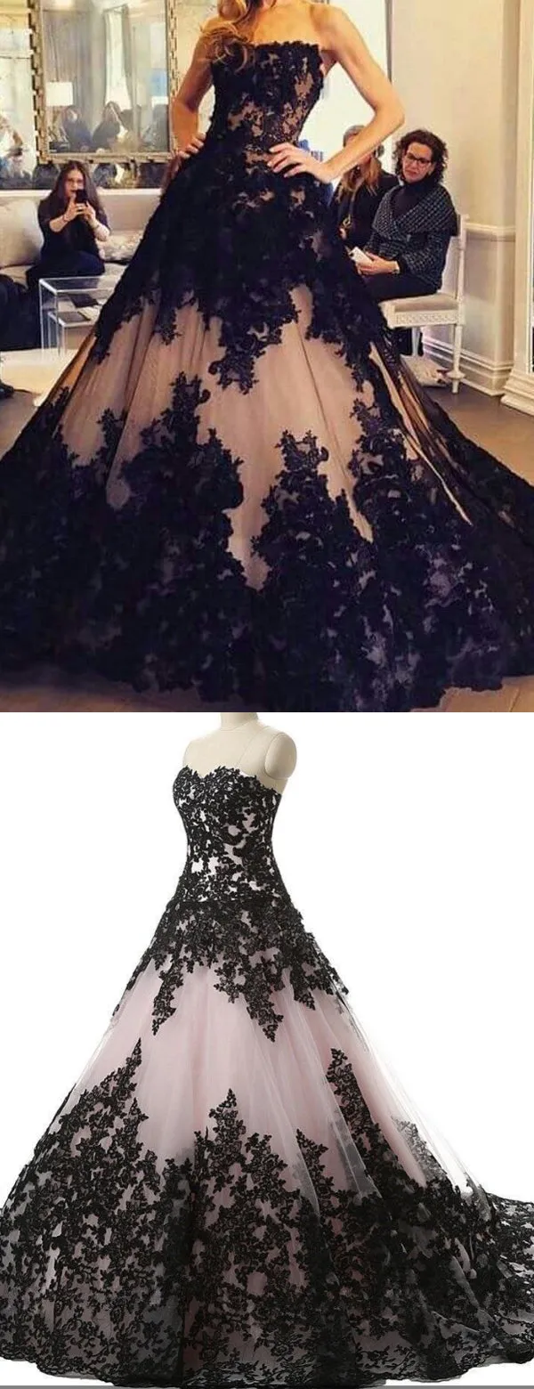 Black Lace Nude Strapless Ball Gown Princess Prom Dresses ,PD00296