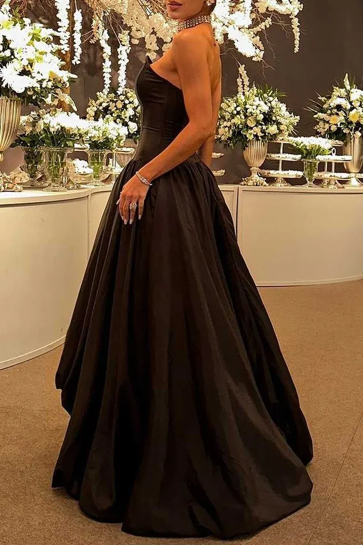 Black Strapless A-Line Long Formal Party Dress Birthday Outfits, DP3635