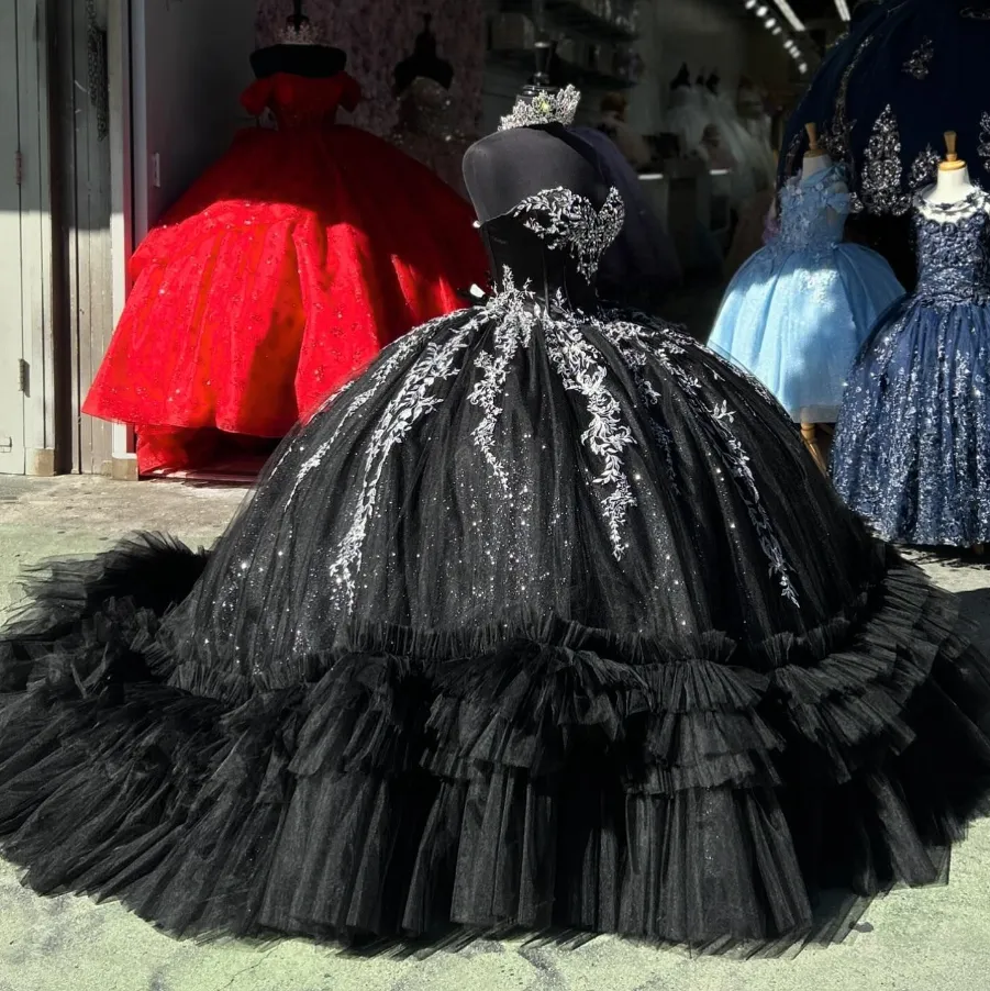 Black Sweetheart Appliques Tulle Quncenera Dress Sweet 16 Birthday Ball Gown, DP3354