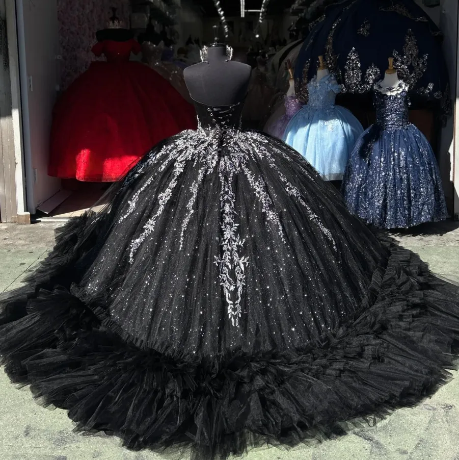 Black Sweetheart Appliques Tulle Quncenera Dress Sweet 16 Birthday Ball Gown, DP3354