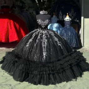 Black Sweetheart Appliques Tulle Quncenera Dress Sweet 16 Birthday Ball Gown, DP3354