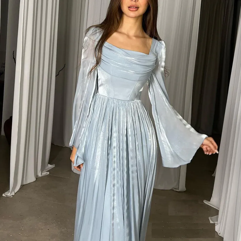 Blue Chiffon Pleated Long Sleeves Elegant A-Line Party Dress, DP2235