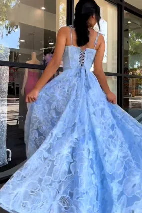 Blue Floral Lace A-Line Spaghetti Straps Long Prom Dress,DP979