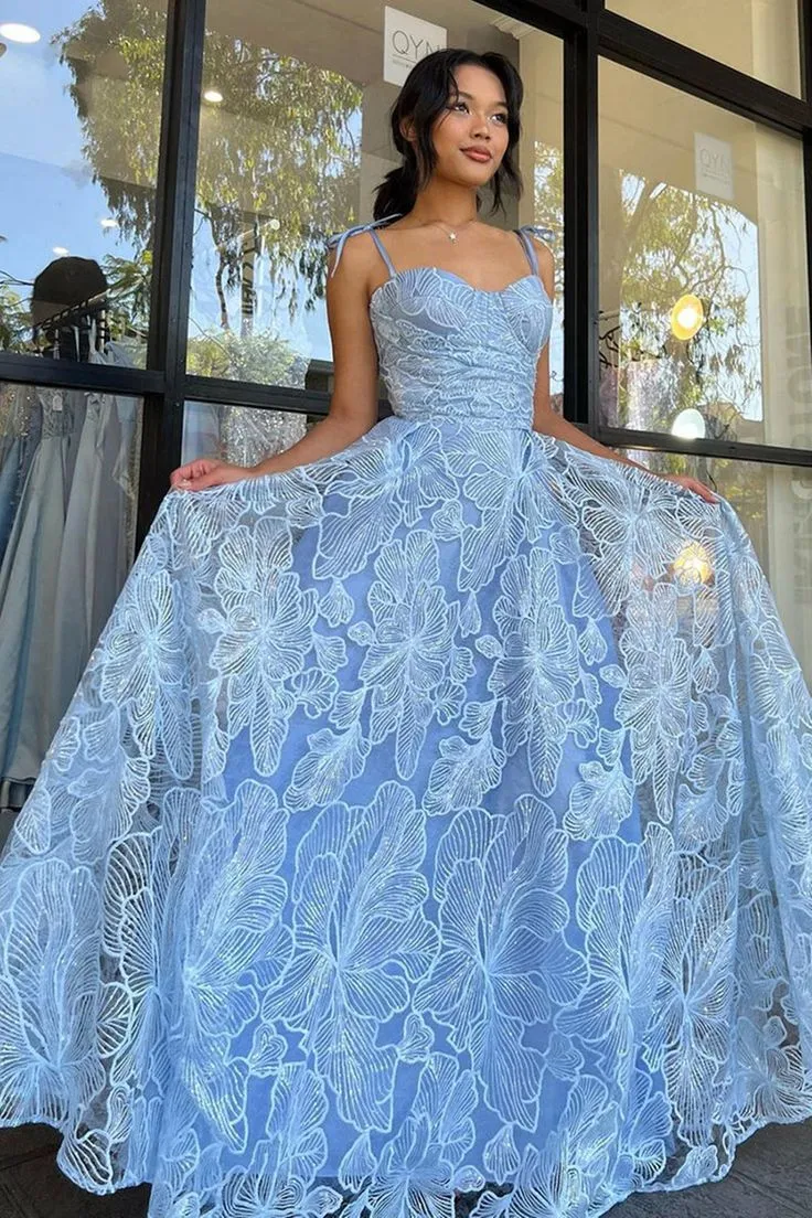 Blue Floral Lace A-Line Spaghetti Straps Long Prom Dress,DP979