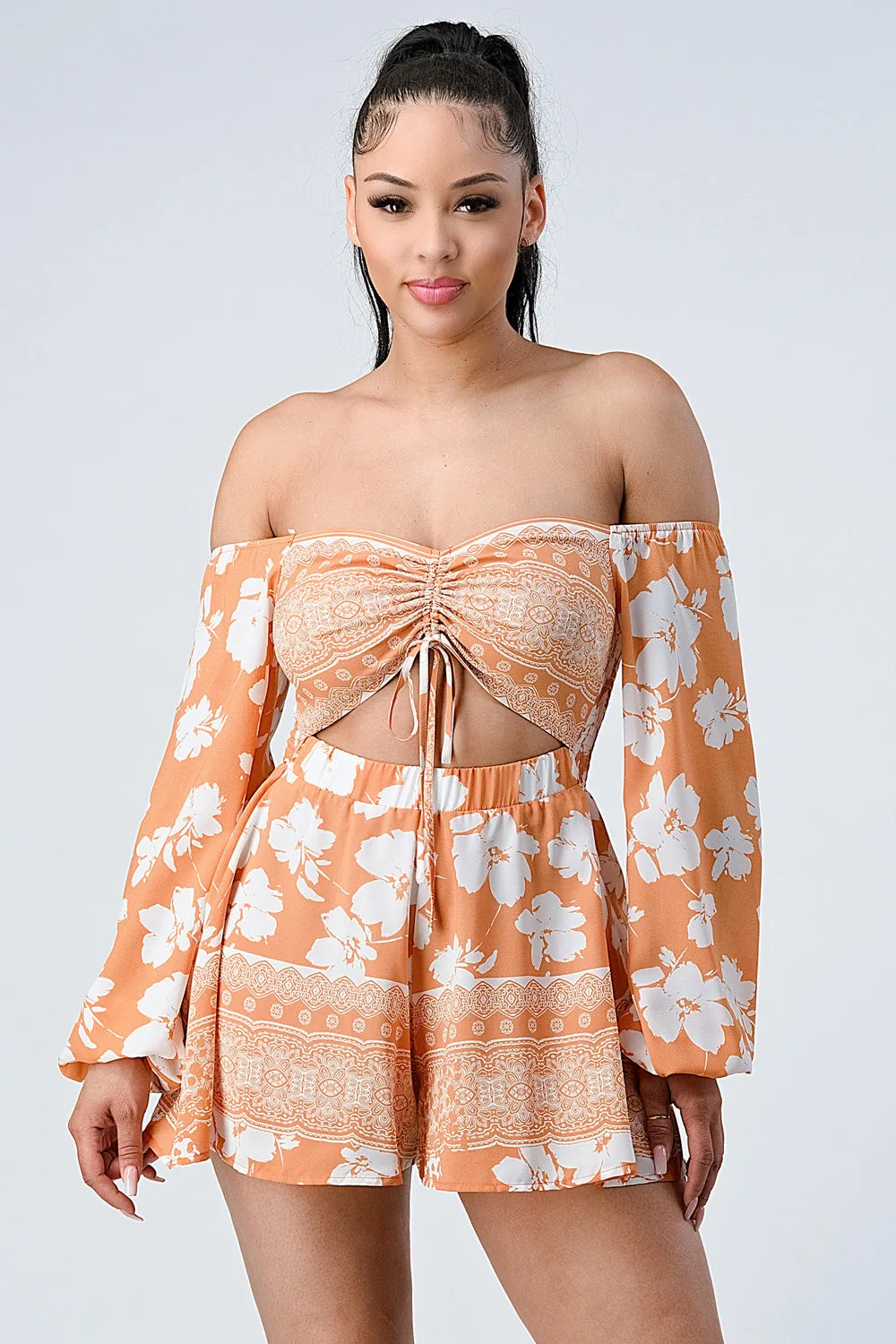 BOHEMIAN OFF SHOULDER SMOKED KNOT KEYHOLE ROMPERS