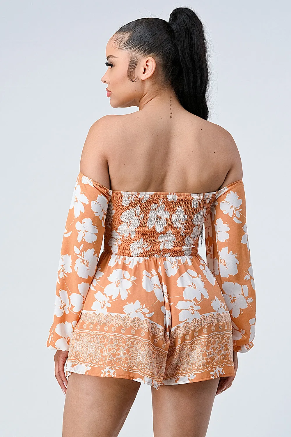 BOHEMIAN OFF SHOULDER SMOKED KNOT KEYHOLE ROMPERS