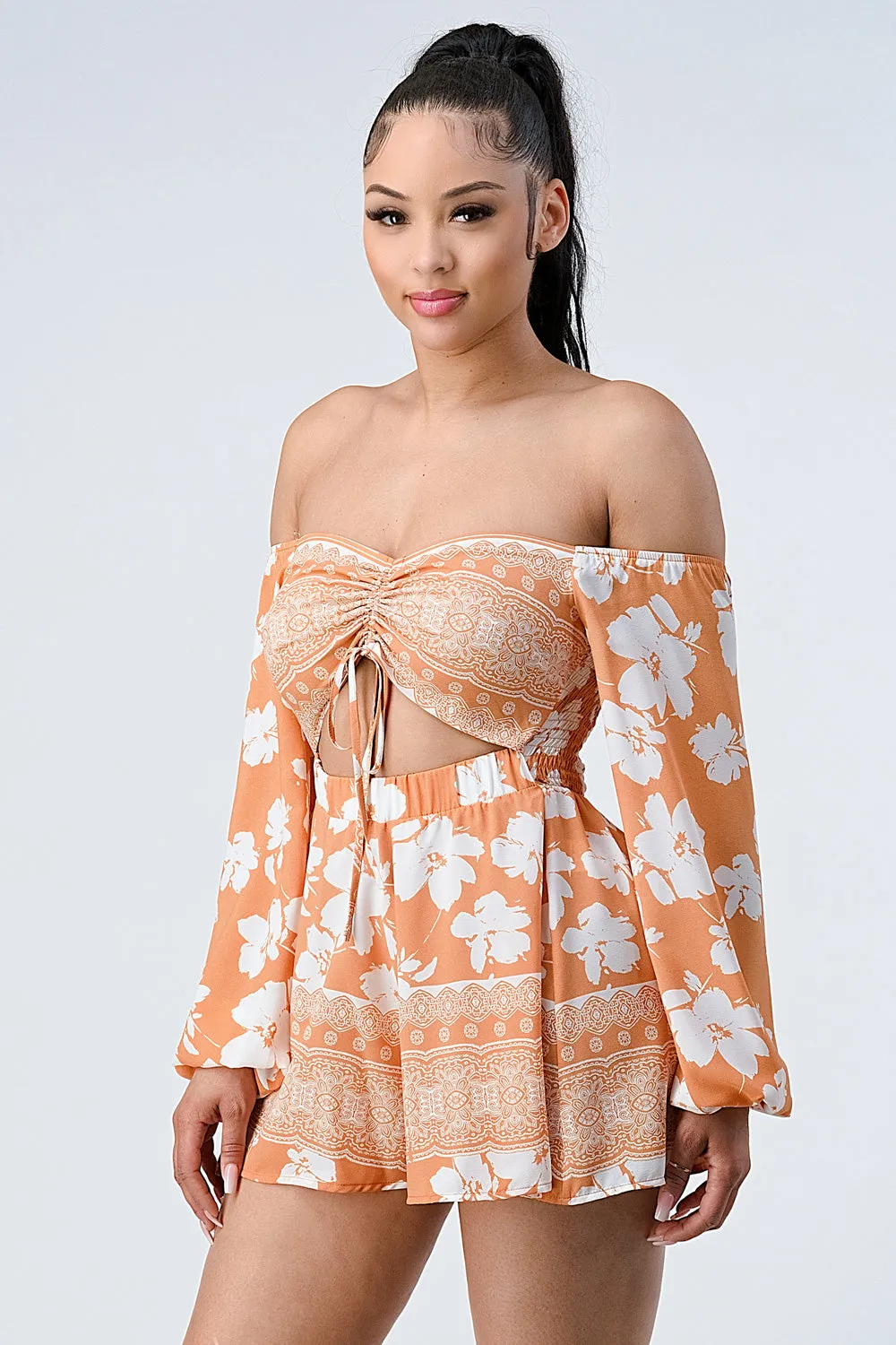 BOHEMIAN OFF SHOULDER SMOKED KNOT KEYHOLE ROMPERS