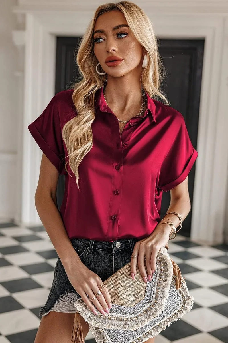 BUTTON DOWN ROLLED SHORT SLEEVE WOMEN BLOUSE