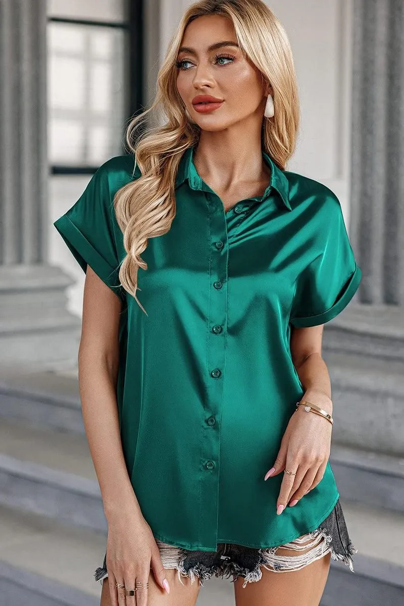 BUTTON DOWN ROLLED SHORT SLEEVE WOMEN BLOUSE