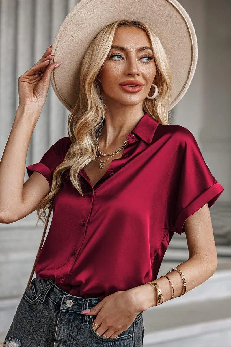 BUTTON DOWN ROLLED SHORT SLEEVE WOMEN BLOUSE