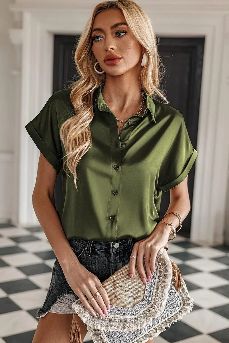 BUTTON DOWN ROLLED SHORT SLEEVE WOMEN BLOUSE