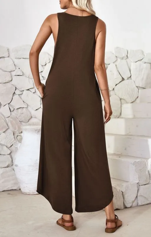 Casual sleeveless V-neck wide-leg jumpsuit with pockets