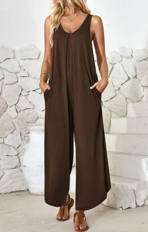 Casual sleeveless V-neck wide-leg jumpsuit with pockets