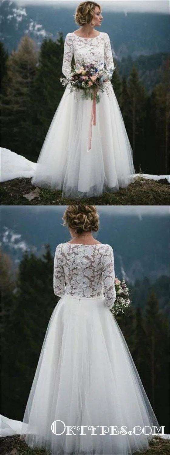 Charming Tulle Long Sleeves Top Lace Bridal Gowns Wedding Dresses, TYP1941