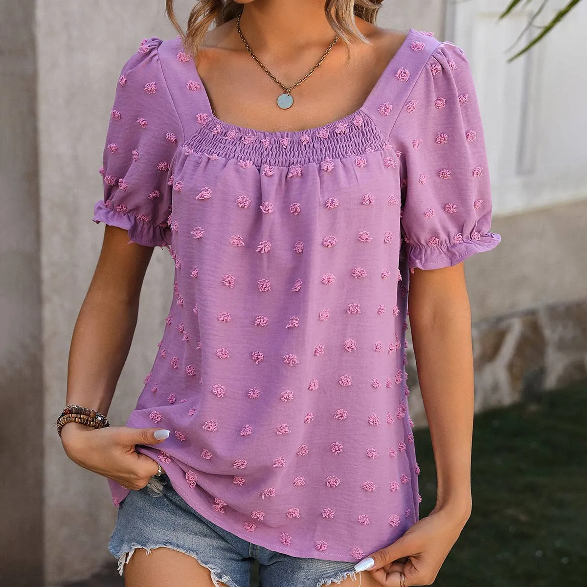 CHIFFON HAIRBALL SQUARE COLLAR SHORT SLEEVED TOP_CWTBLS0464