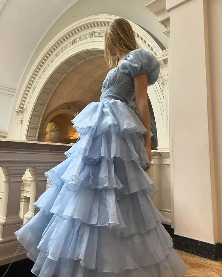 Cute Blue Tulle Tiered Hepburn Princess Prom Dress Evening Dress Ball Gown SH1234