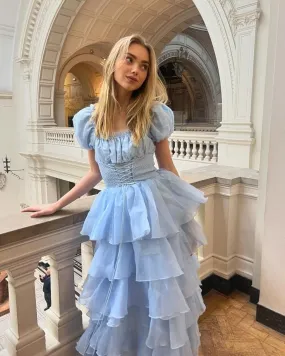 Cute Blue Tulle Tiered Hepburn Princess Prom Dress Evening Dress Ball Gown SH1234