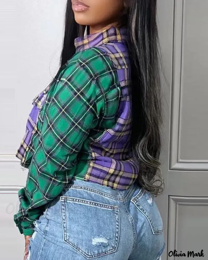 Deanwangkt - Color Block Check Print Long Sleeve Crop Top