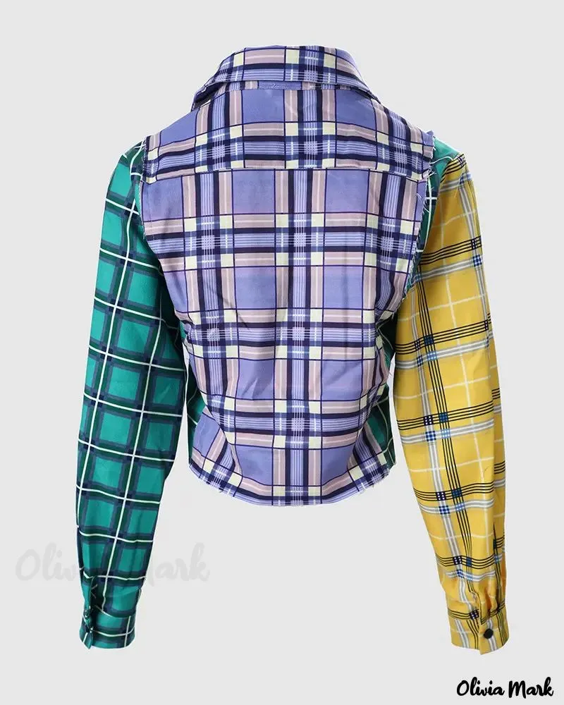 Deanwangkt - Color Block Check Print Long Sleeve Crop Top