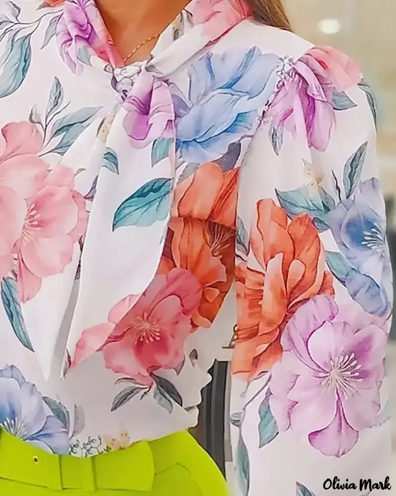 Deanwangkt - Floral Print Tie-Neck Lantern Sleeve Top