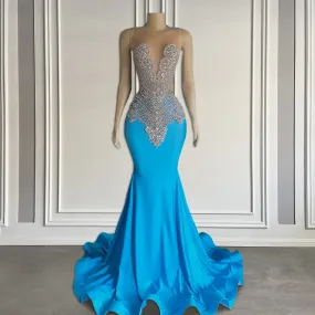 Elegant Blue Long Prom Dresses 2024 Luxury Crystal Beaded Mermaid Style Black Girls Prom Gala Gowns