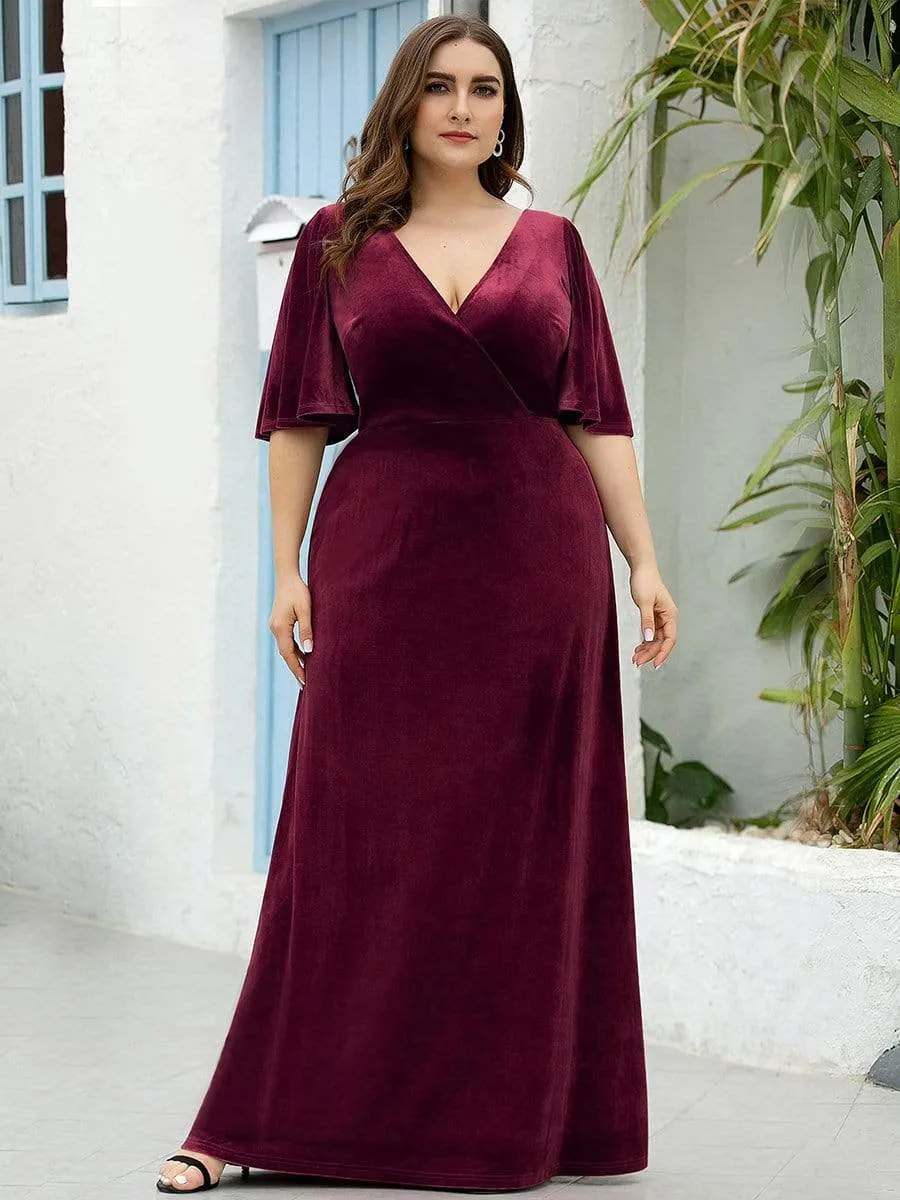 Elegant Double V Neck Velvet Party Dress with Sleeves