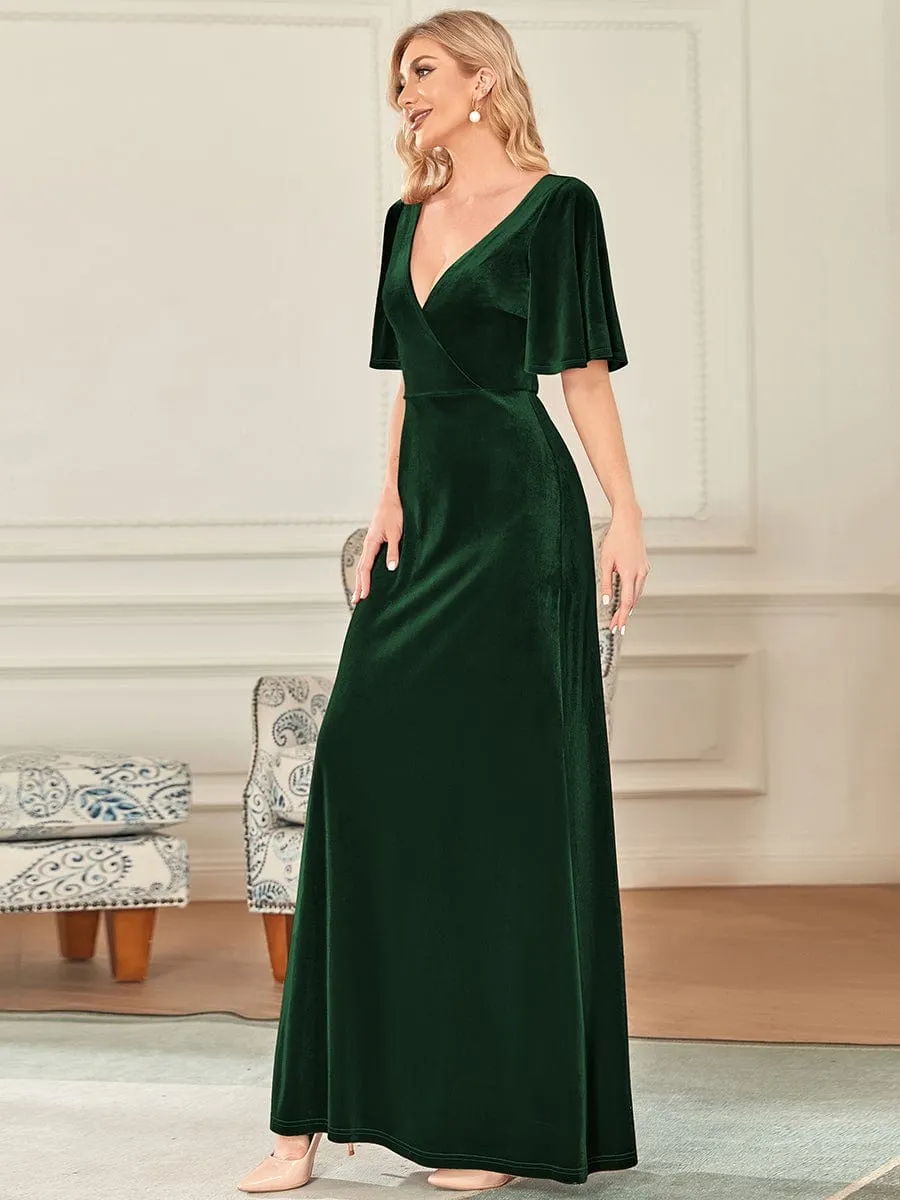 Elegant Double V Neck Velvet Party Dress with Sleeves