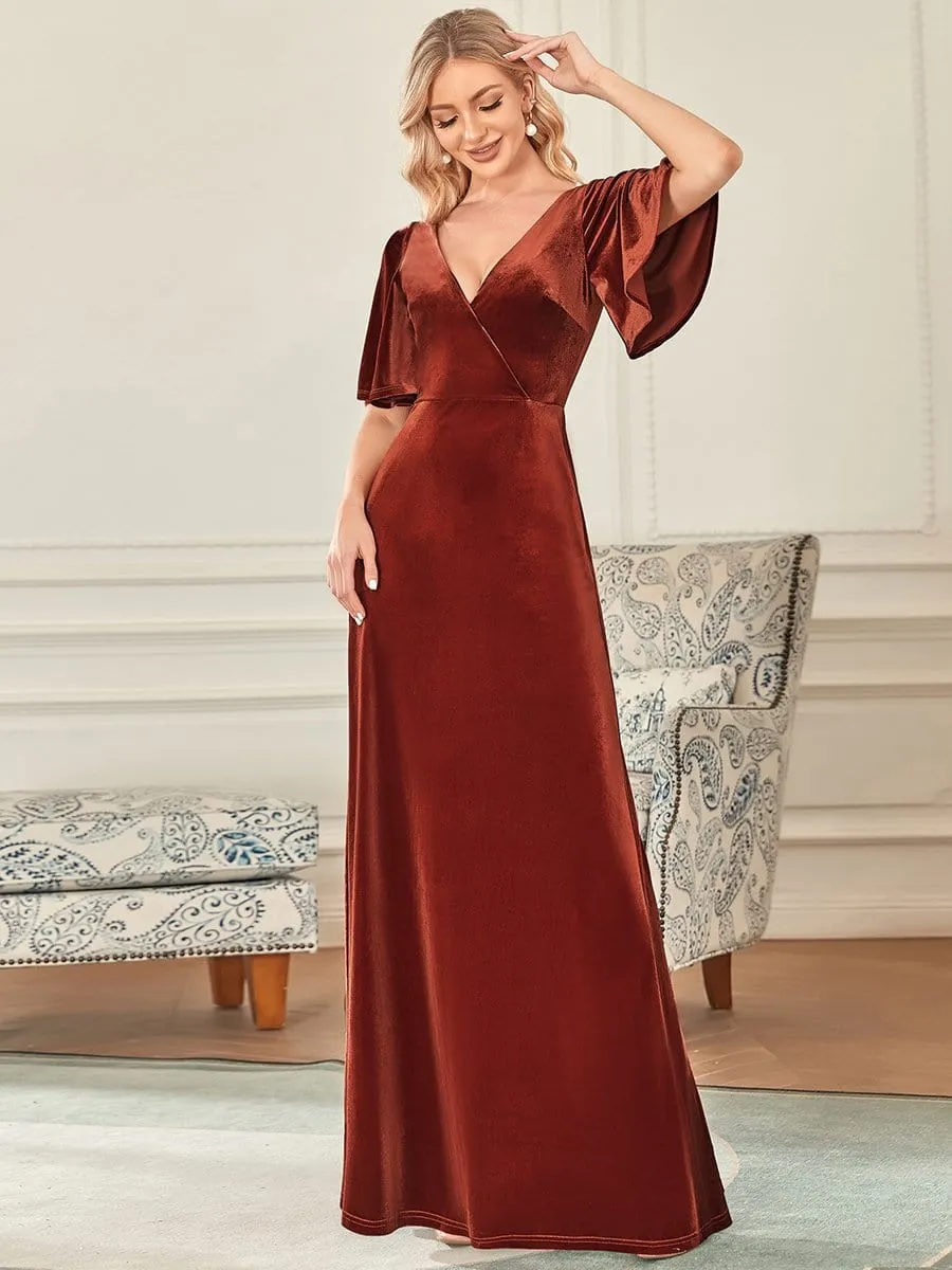 Elegant Double V Neck Velvet Party Dress with Sleeves