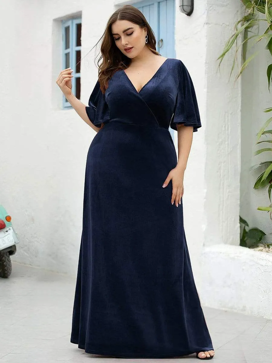 Elegant Double V Neck Velvet Party Dress with Sleeves