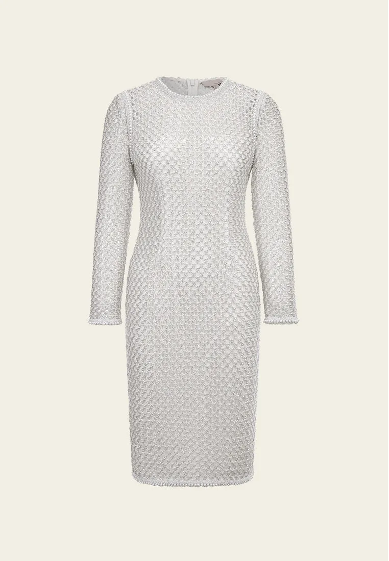 Elegant Silver Lace Long-sleeved Midi Dress