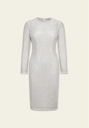 Elegant Silver Lace Long-sleeved Midi Dress