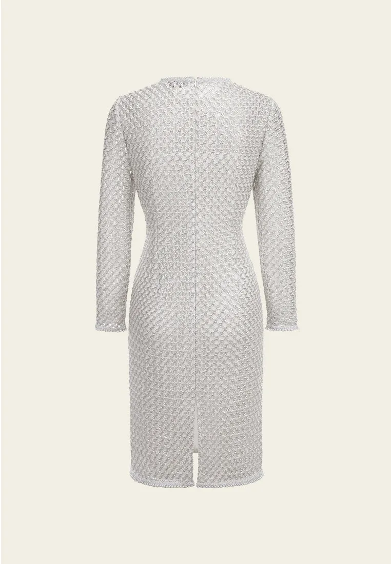 Elegant Silver Lace Long-sleeved Midi Dress