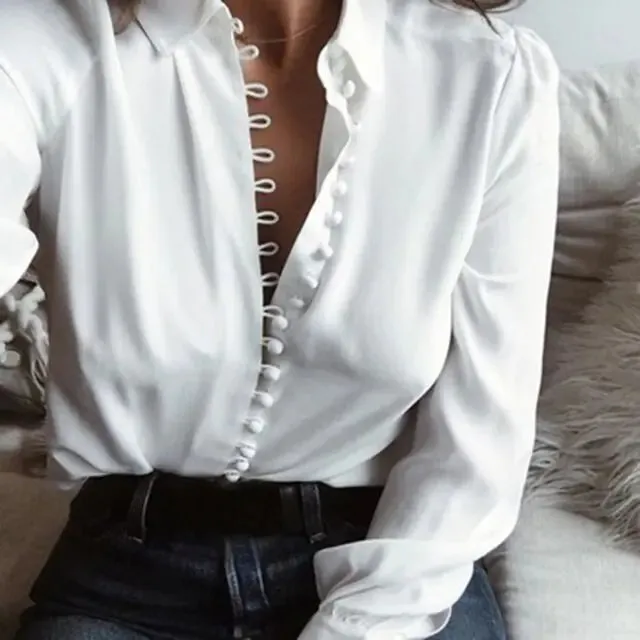 Elegant Women’s Casual Office Tops - Solid Color, Long Sleeve Chiffon Blouse