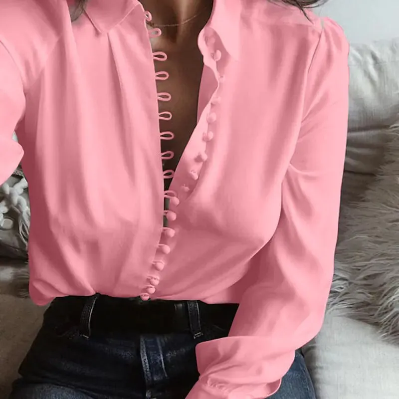 Elegant Women’s Casual Office Tops - Solid Color, Long Sleeve Chiffon Blouse