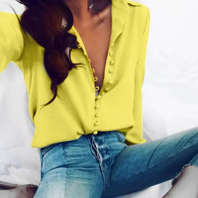 Elegant Women’s Casual Office Tops - Solid Color, Long Sleeve Chiffon Blouse