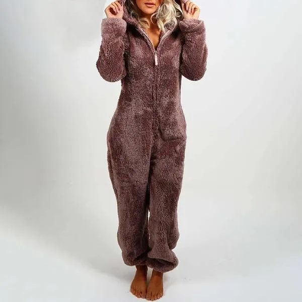 Fall/winter Women's Hooded Pajamas with Plush Thick Plush Jumpsuit Bear Rompers Home Wear Overall Outwear