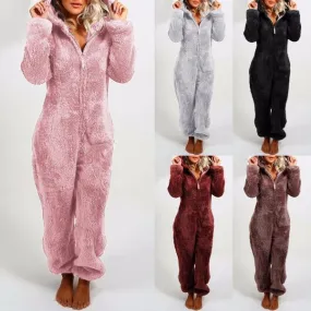 Fall/winter Women's Hooded Pajamas with Plush Thick Plush Jumpsuit Bear Rompers Home Wear Overall Outwear