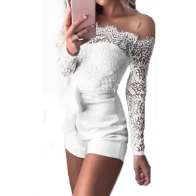 Fancy summer fall off shoulder playsuit jumpsuit long sleeve sheer lace patchwork hollow bandage skinny Outfit set