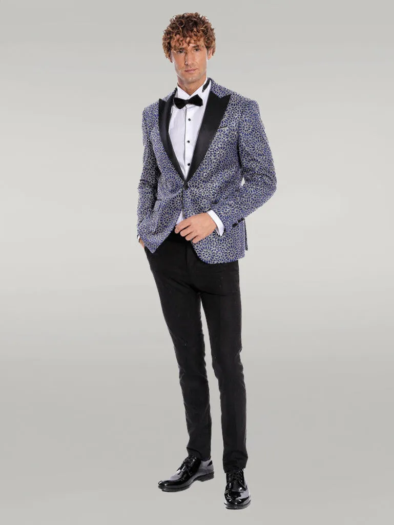 Flower Embroidered Pattern Navy Blue Men Party Blazer - Wessi